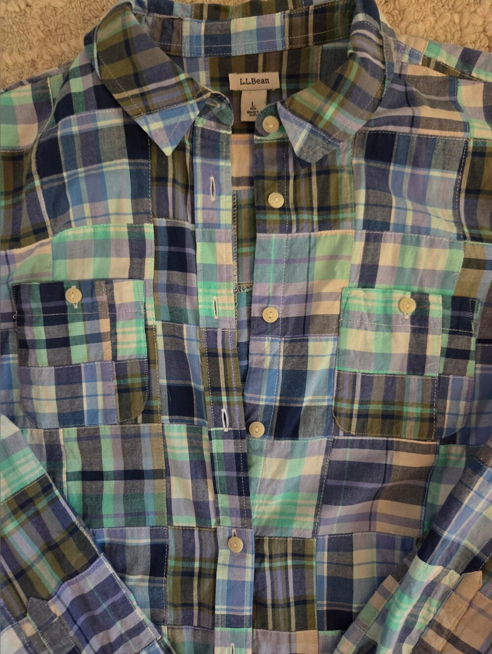 L.L. Bean Lightweight Plaid Patchwork Button Up Shirt, Large - Picture 2 of 3